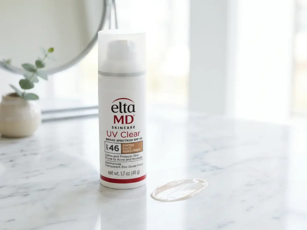 EltaMD UV Clear Broad-Spectrum SPF 46 bottle showing its lightweight, clear texture.