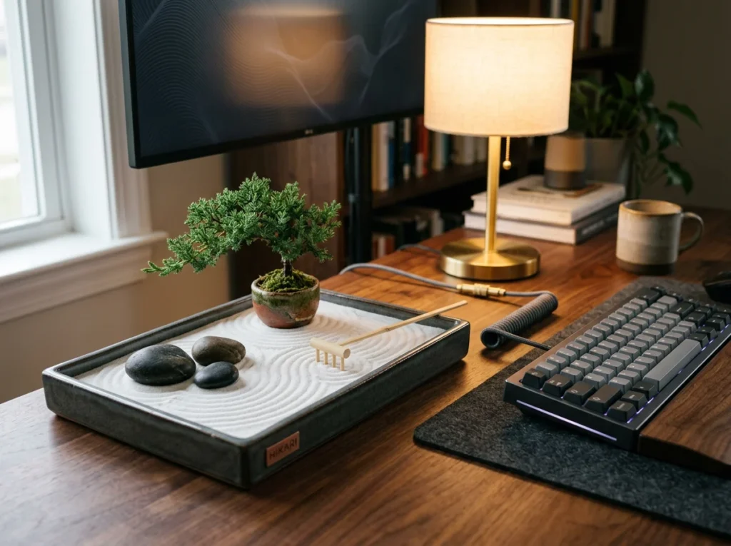 ENSO Japanese Zen Garden for Desk with white sand and mini rake next to a computer keyboard for mindfulness