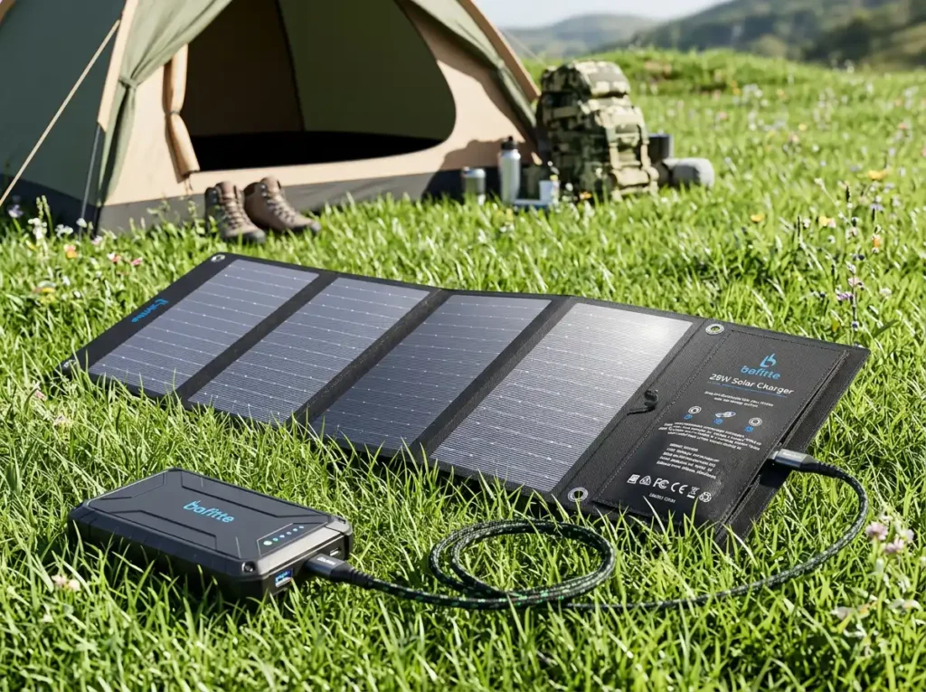 BigBlue 28W Portable Solar Charger unfolding on grass during a sunny off-grid camping trip, charging a heavy-duty power bank.