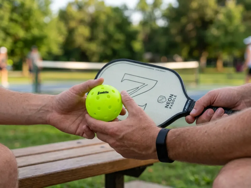 Holding a Franklin X-40 outdoor pickleball next to a beginner paddle on an outdoor court
