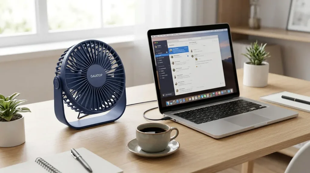 A Gaiatop USB Desk Fan providing a gentle breeze in a tidy and modern home office setup.