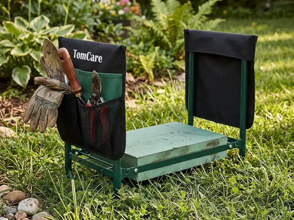 A heavy-duty TomCare garden kneeler seat on grass with a side pouch holding pruning shears and a hand trowel.