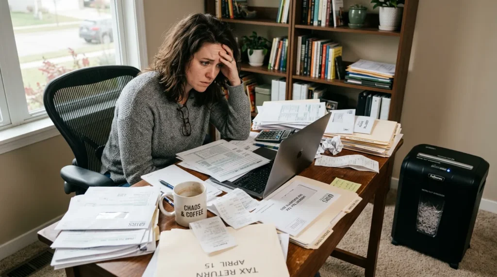 Minimalist home office desk setup with a heavy-duty paper shredder next to piles of tax documents for identity protection.