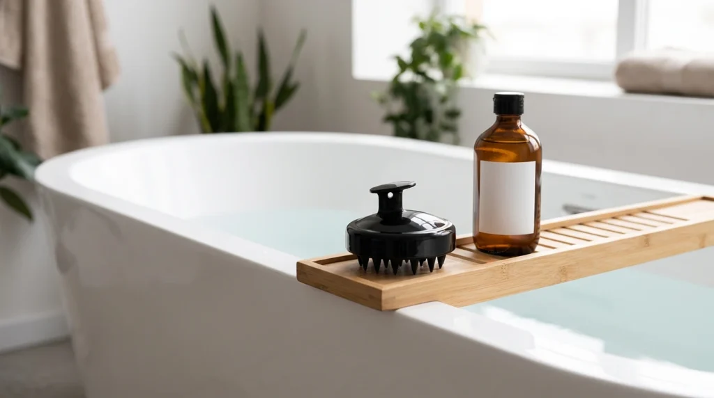 The HEETA Hair Scalp Massager, a popular self-care tool, shown in a serene bathroom setting to highlight its relaxing use.