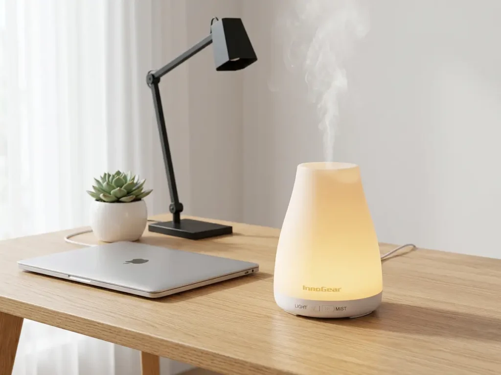InnoGear Essential Oil Diffuser emitting cool mist on a wooden home office desk next to a laptop for productivity