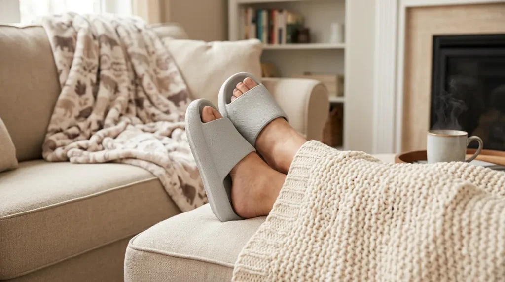 A person relaxing at home wearing a pair of comfortable and trendy Joomra Pillow Slippers.