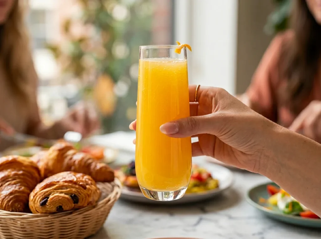JoyJolt Milo Stemless Champagne Flutes holding a fresh mimosa at a spring brunch