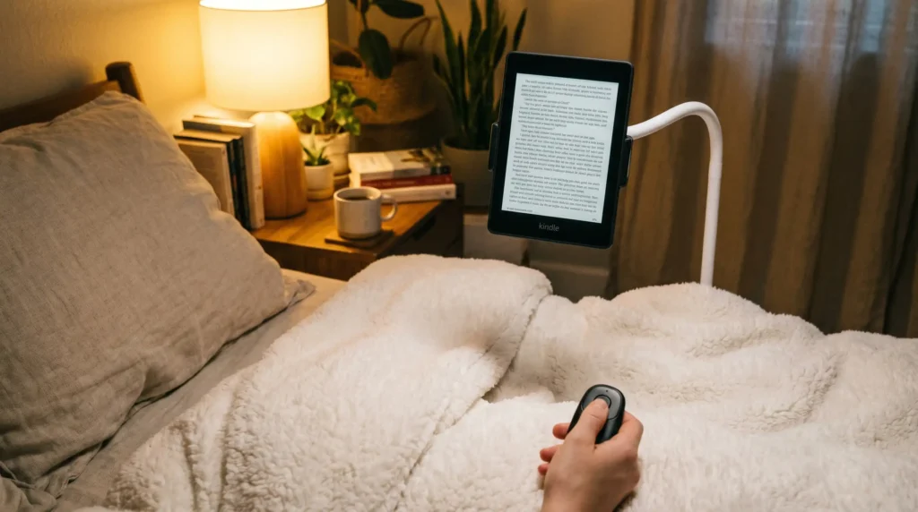 A person using a SYUKUYU Kindle page turner remote and a gooseneck stand to read in bed hands-free under a warm blanket.