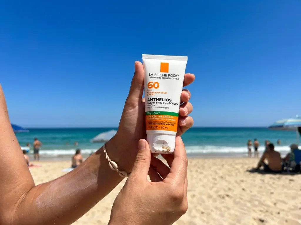 La Roche-Posay Anthelios Clear Skin Dry Touch Sunscreen SPF 60 tube held against a sunny beach background.