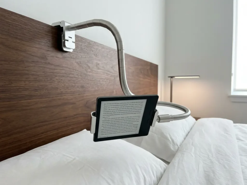 Lamicall gooseneck tablet holder clamped to a bed headboard holding an Amazon Kindle Oasis for hands-free reading.