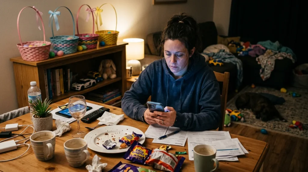 Stressed parent shopping for last minute Easter gifts overnight delivery on smartphone with empty baskets in background.