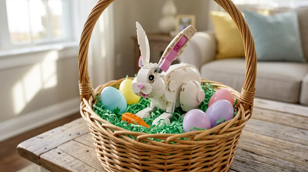  LEGO Creator 3in1 White Rabbit 31133 placed inside an Easter basket for next day delivery easter gifts.