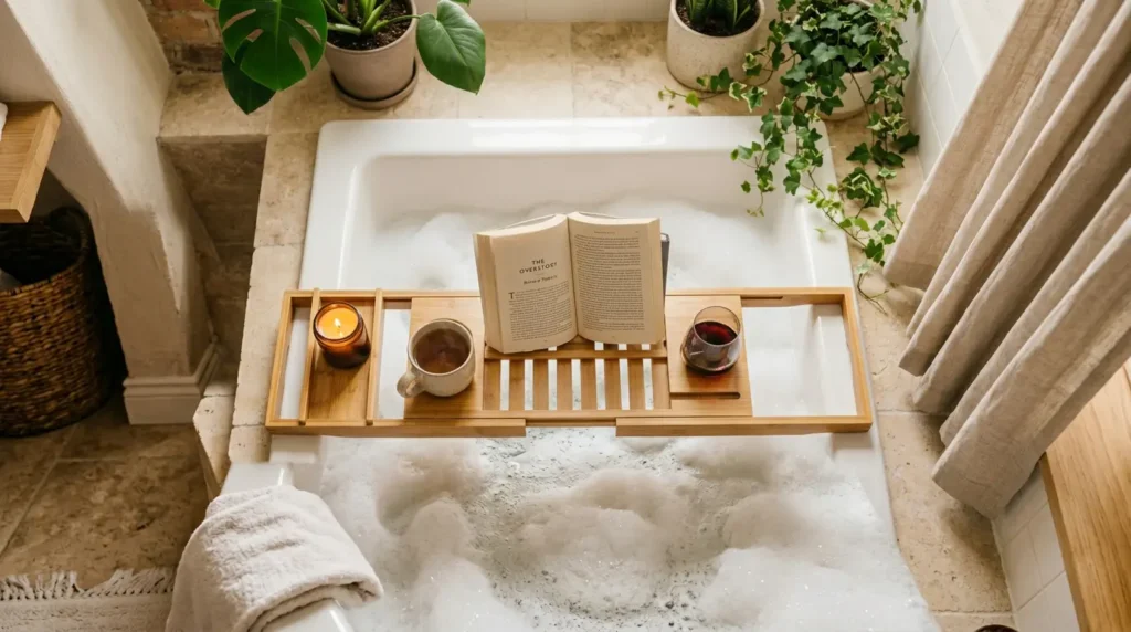 A high-quality setup of the best bathtub caddy trays on a bubbly tub with wine and a tablet.