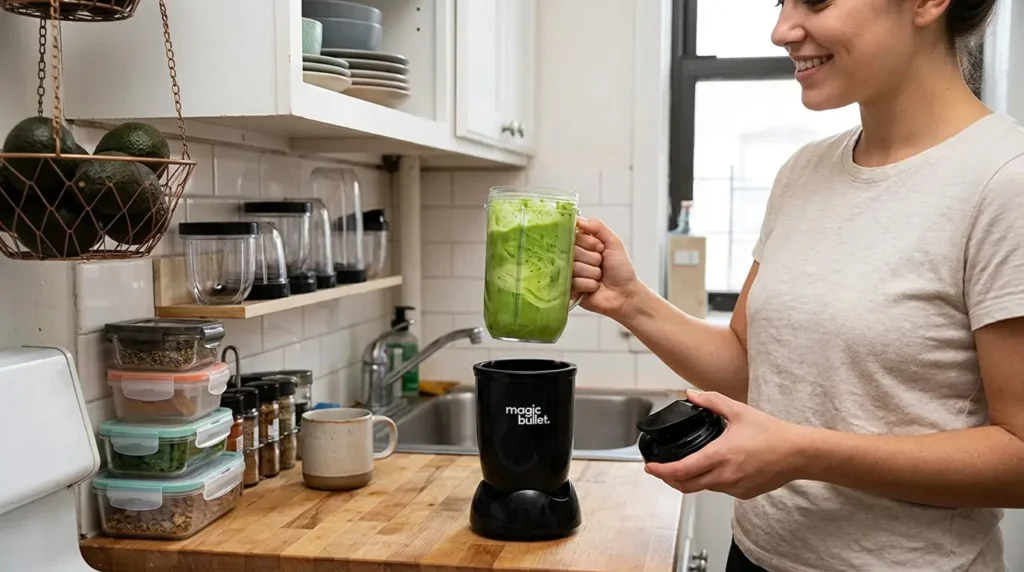 A person in a small apartment kitchen easily twists the blending cup off a compact Magic Bullet Blender, ready to put on a to-go lid, highlighting its convenience.