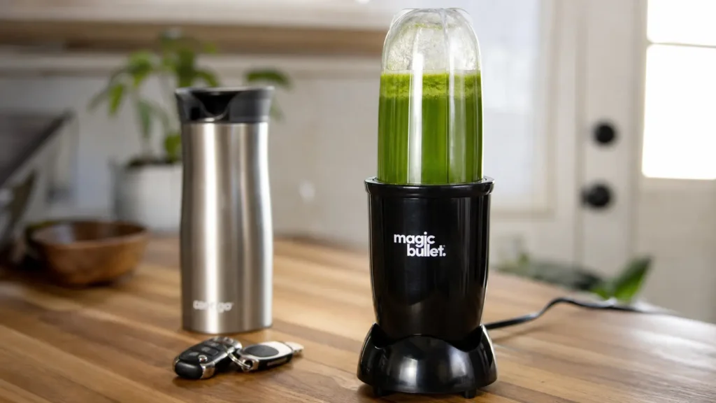 Magic Bullet compact personal blender mixing a quick and easy liquid green detox smoothie for a busy morning commute.