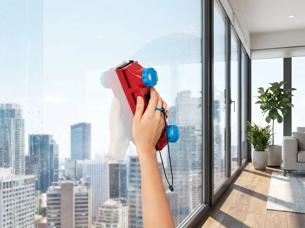 Person using a Tyroler Glider magnetic window cleaner on a double pane high-rise window to wash both sides at once.
