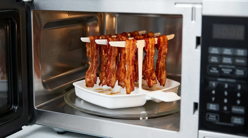 The Makin' Bacon Microwave Bacon Rack cooking several strips of bacon to crispy perfection inside a microwave oven.