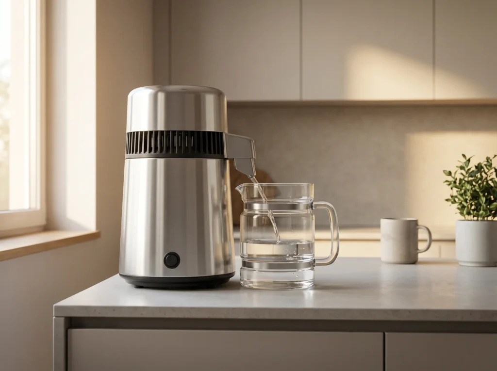 Megahome Countertop Water Distiller making pure distilled water in a modern kitchen for safe nasal irrigation.