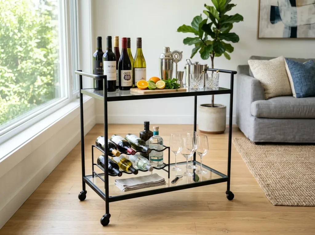 Nathan James Sally 2-Tiered Black Metal Frame Glass Rolling Bar Cart used for a spring brunch setup