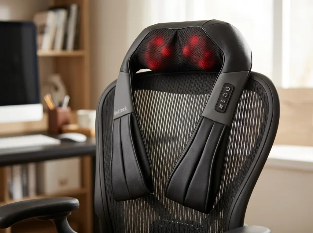 Nekteck Shiatsu Neck and Back Massager draped over a modern ergonomic office chair for back pain relief