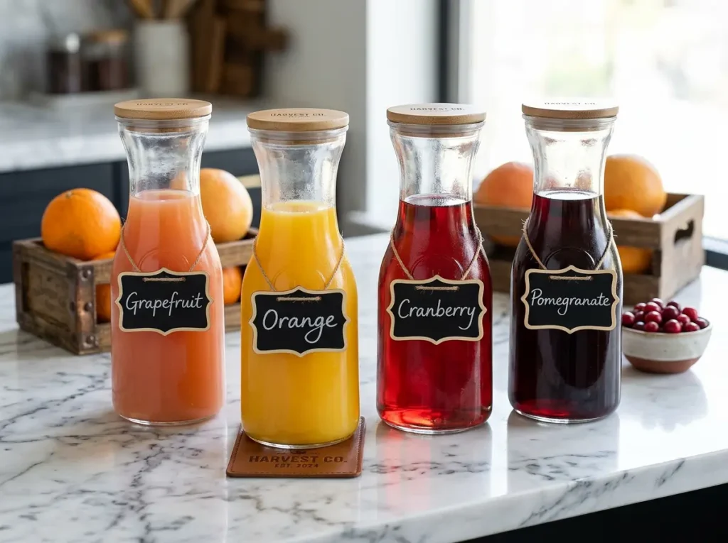 NETANY Glass Carafes filled with orange and cranberry juice for a spring mimosa bar setup