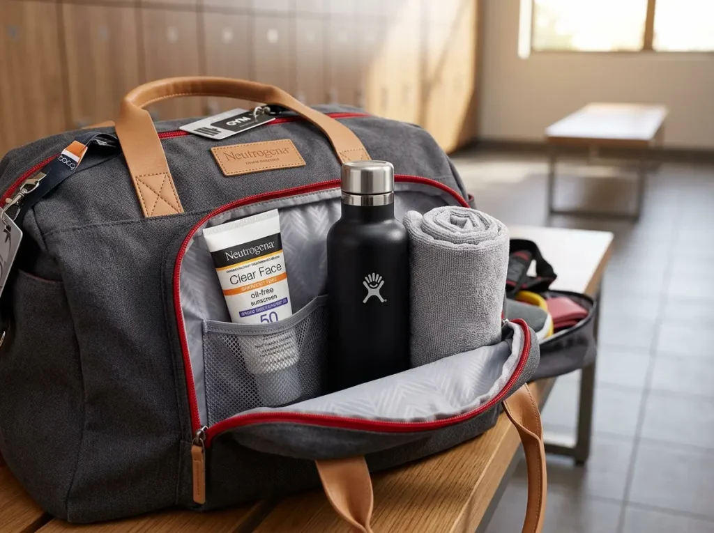 Neutrogena Clear Face SPF 50 sunscreen inside a gym bag for daily use.