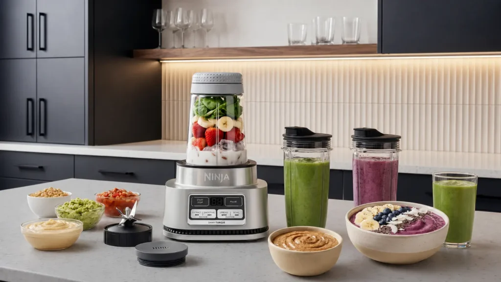 Ninja Foodi Personal Blender crushing heavy frozen mango chunks to make a thick green detox smoothie bowl on a kitchen counter.