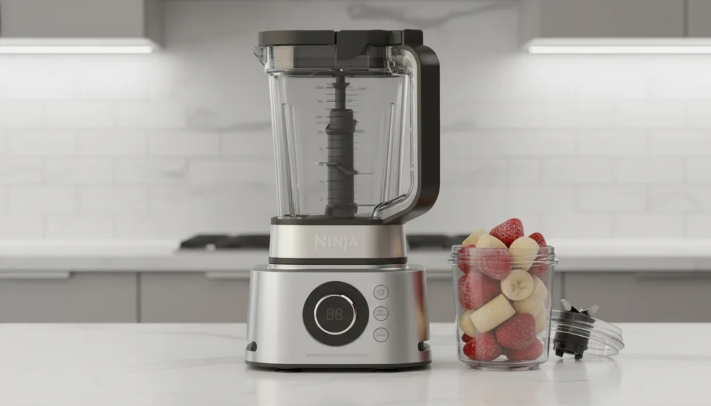The Ninja Foodi Power Blender with its smoothie bowl maker attachment sits ready on a kitchen counter, with the blending cup filled with frozen strawberries and bananas.
