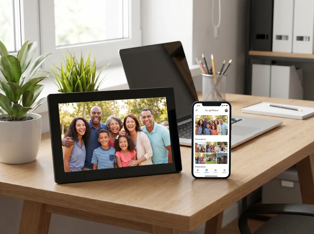 Nixplay 10.1 inch touch screen digital picture frame syncing family albums from the Google Photos app on a nearby smartphone.