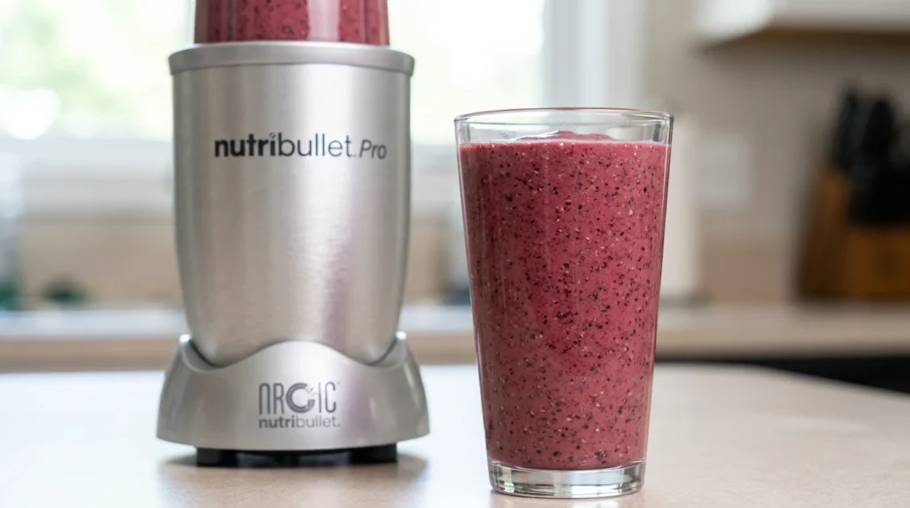 A close-up of a finely blended smoothie containing seeds next to the NutriBullet Pro 900 Watt Personal Blender, showcasing its nutrient extraction capabilities.