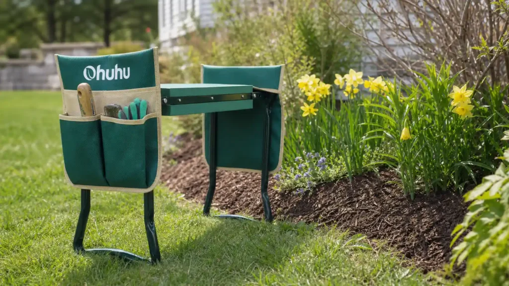 Ohuhu foldable ergonomic garden kneeler and seat on a spring flowerbed