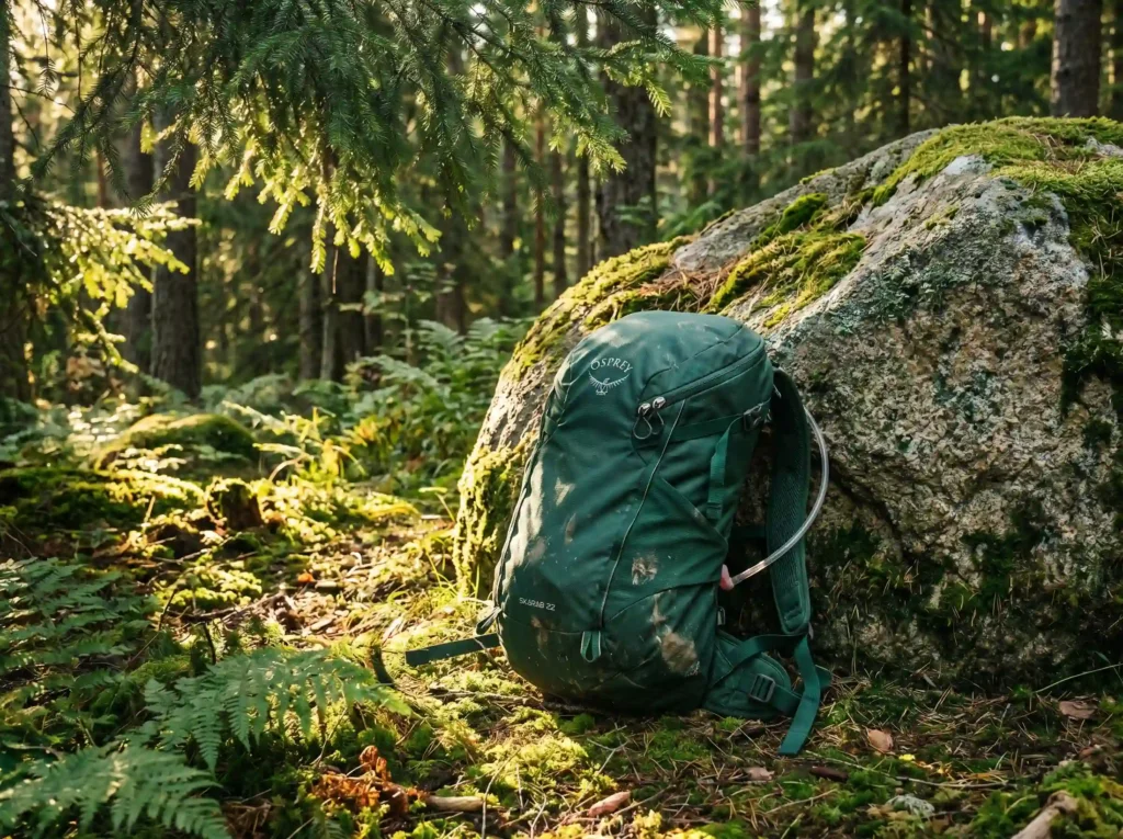 Osprey Skarab 22L Hydration Backpack in green leaning against a rock during a forest hike.