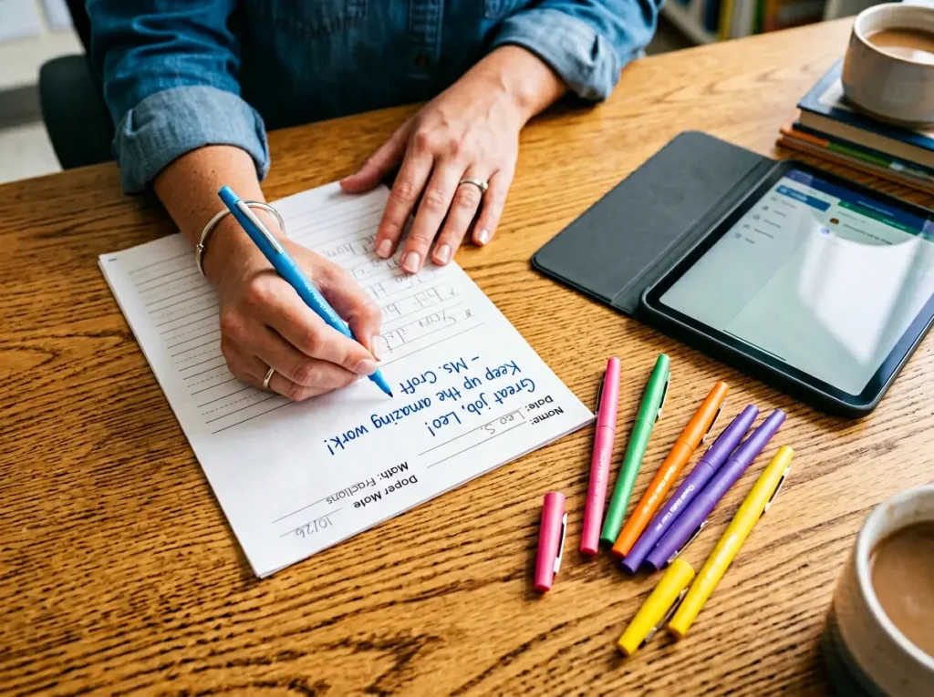 Paper Mate Flair Felt Tip Pens in assorted colors used for grading papers by a teacher.