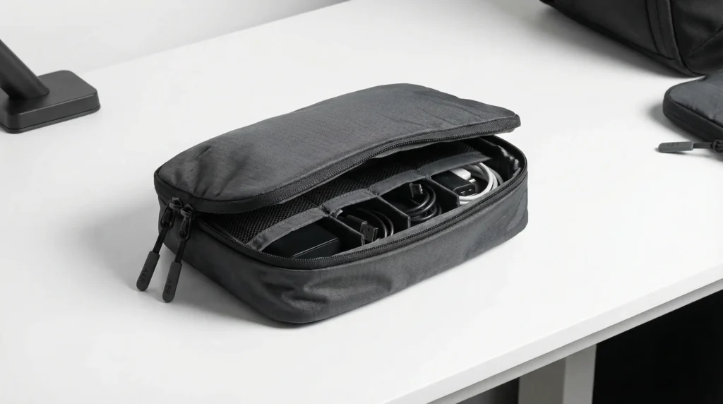 Peak design packing cube showing the quick-open tear-away zipper mechanism and internal clean and dirty clothing compartments.