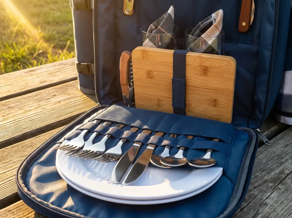 Close up view of the organized tableware compartment of an insulated picnic backpack featuring stainless steel cutlery, plates, and a bamboo cutting board for a spring date.