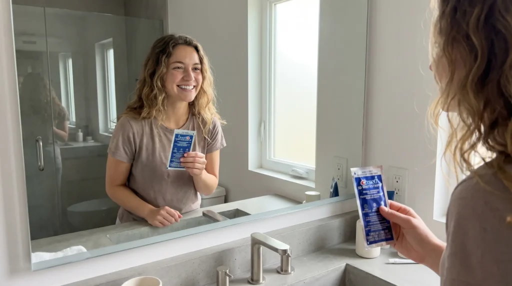 Young woman smiling in a mirror holding Crest 3D Whitestrips, the best teeth whitening strips for prom.