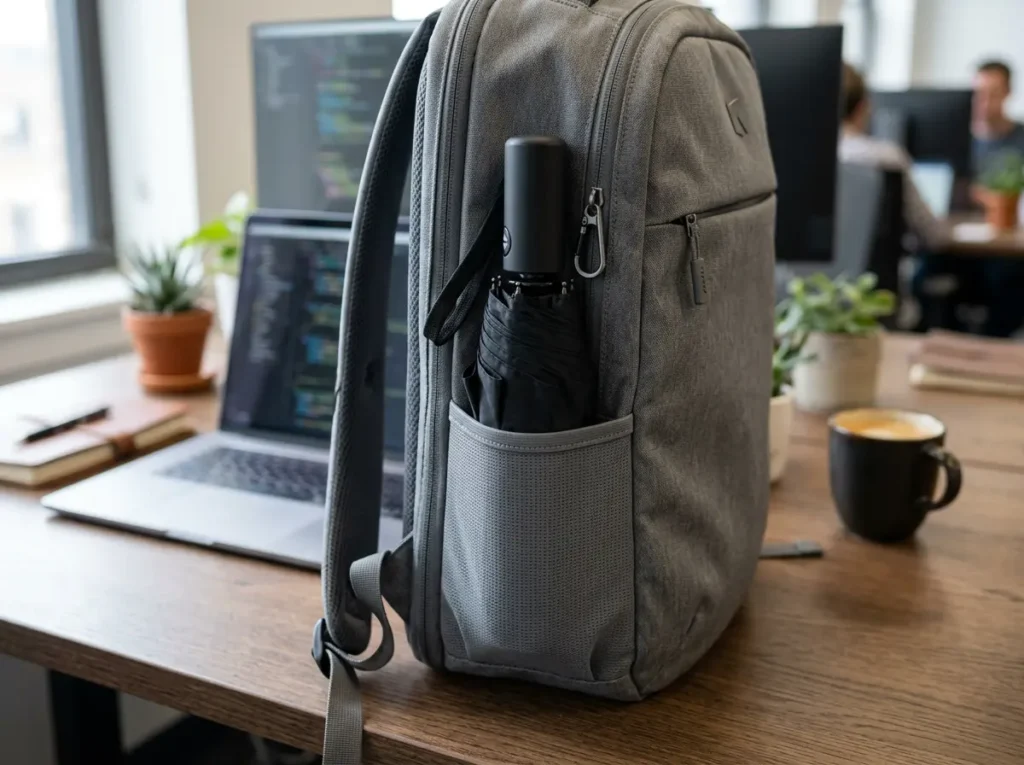 Repel Windproof Travel Umbrella folded neatly inside the side pocket of a modern grey commuter backpack.