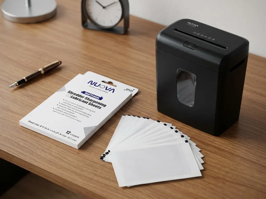 Shredder lubricant sheets next to a heavy-duty shredder to maintain blade sharpness.