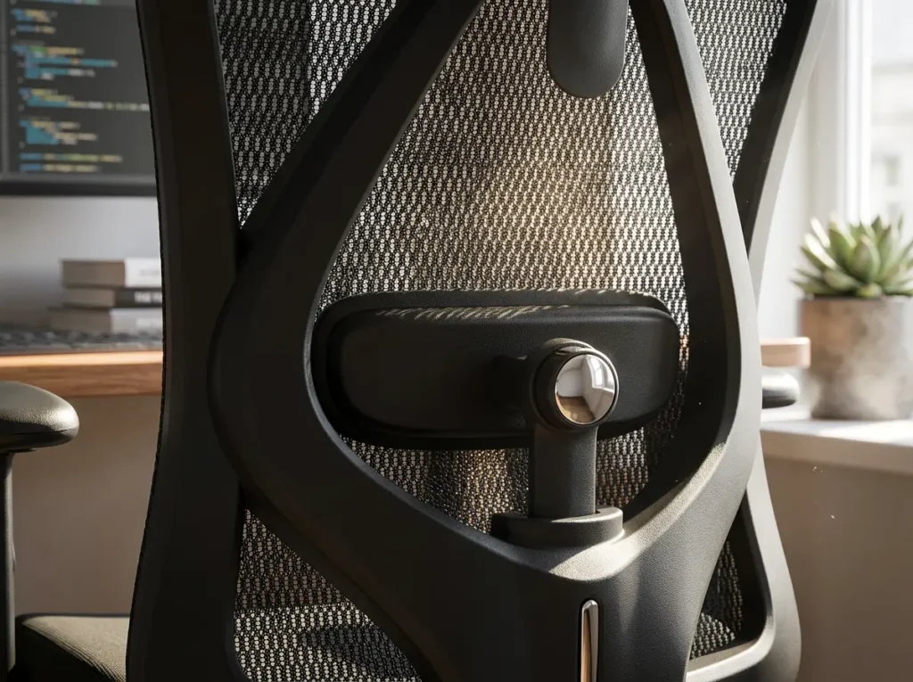 Close-up of the 2D adjustable lumbar support and breathable mesh material on the Sihoo M18 ergonomic office chair for 8-hour WFH workdays.