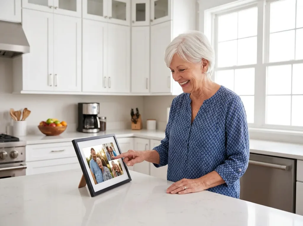 A senior woman easily swiping through family photos on the touchscreen of a Skylight 10-Inch Digital Picture Frame in her kitchen.