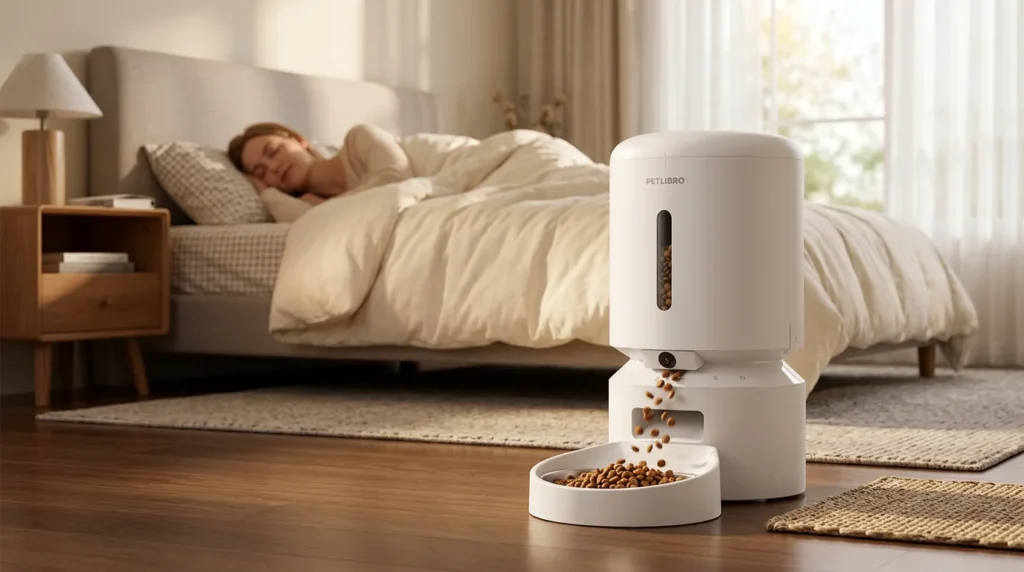 A person sleeping peacefully while the best automatic pet feeders 2026 dispenses food.