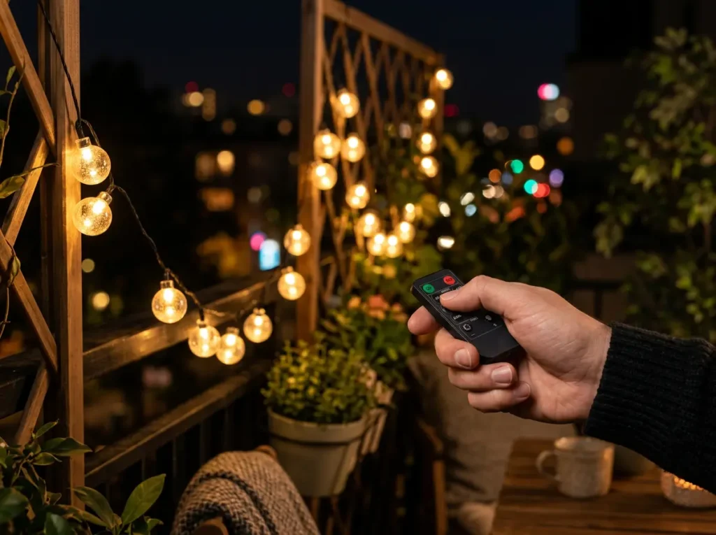 Adjusting the brightness of Brightown solar string lights with a remote control on a modern balcony.
