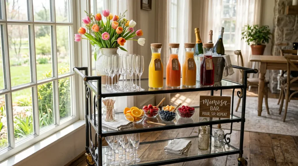 Beautiful spring brunch mimosa bar setup on a Nathan James rolling cart with glass carafes and stemless flutes