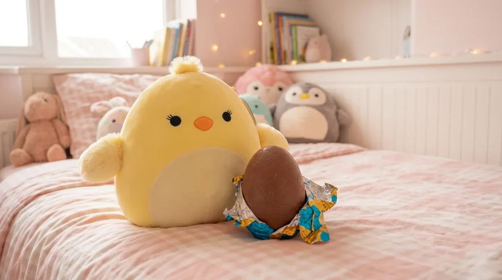 Soft yellow Squishmallows Easter plush toy acting as a cuddly last minute Easter basket idea for 2026.