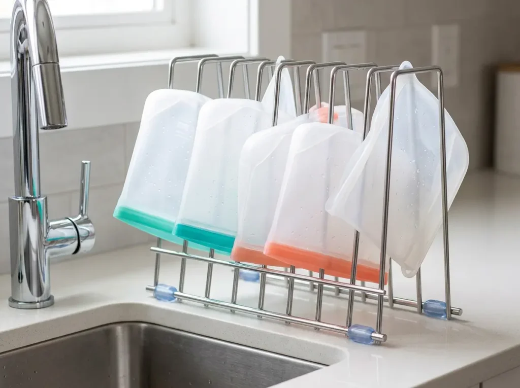 IDEATECH Reusable Bag Drying Rack holding freshly washed silicone storage bags next to a kitchen sink.
