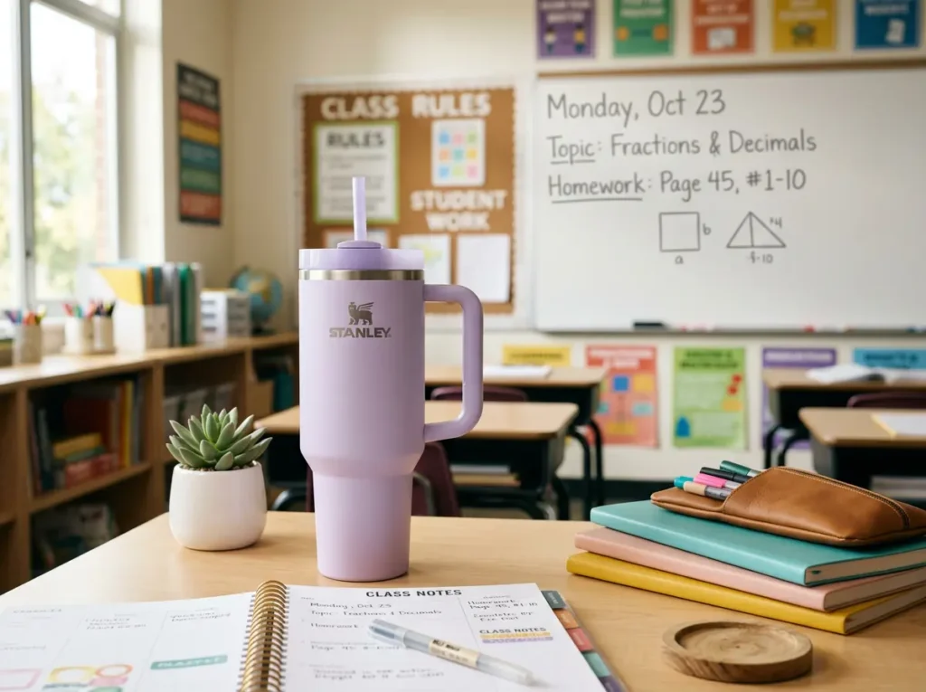 Stanley Quencher H2.0 FlowState Tumbler 40 oz in a classroom setting.