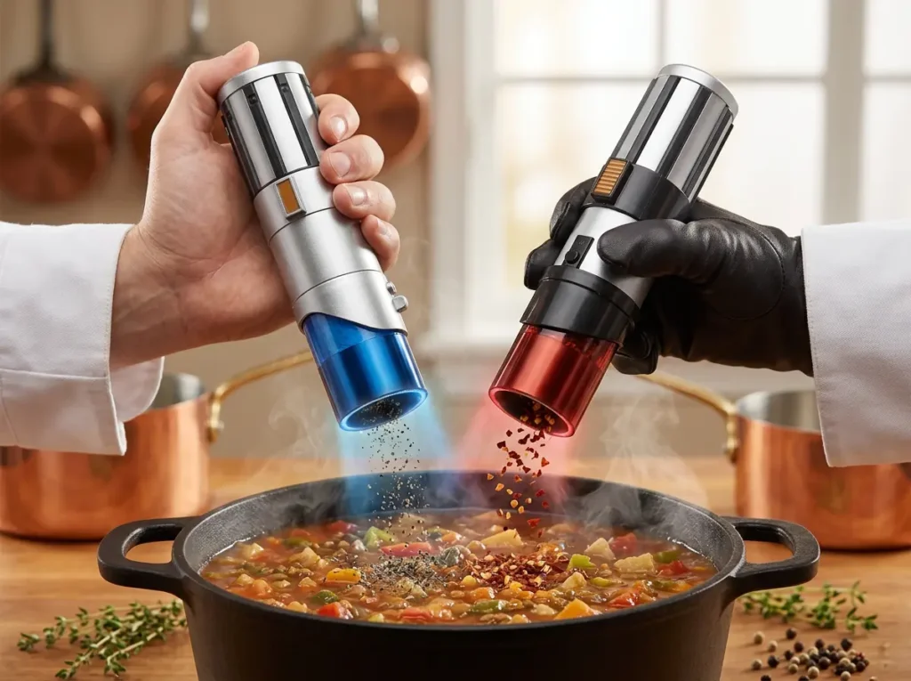 Electric Star Wars lightsaber salt and pepper mills being used to season food with LED lights glowing.