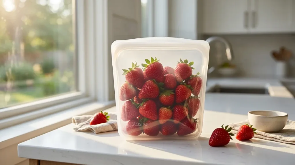 A person holding the best reusable silicone bags filled with fresh vegetables.