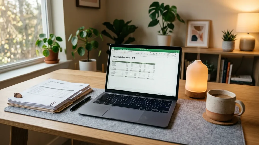 Minimalist home office desk setup featuring the best stress relief desk gadgets for tax season anxiety