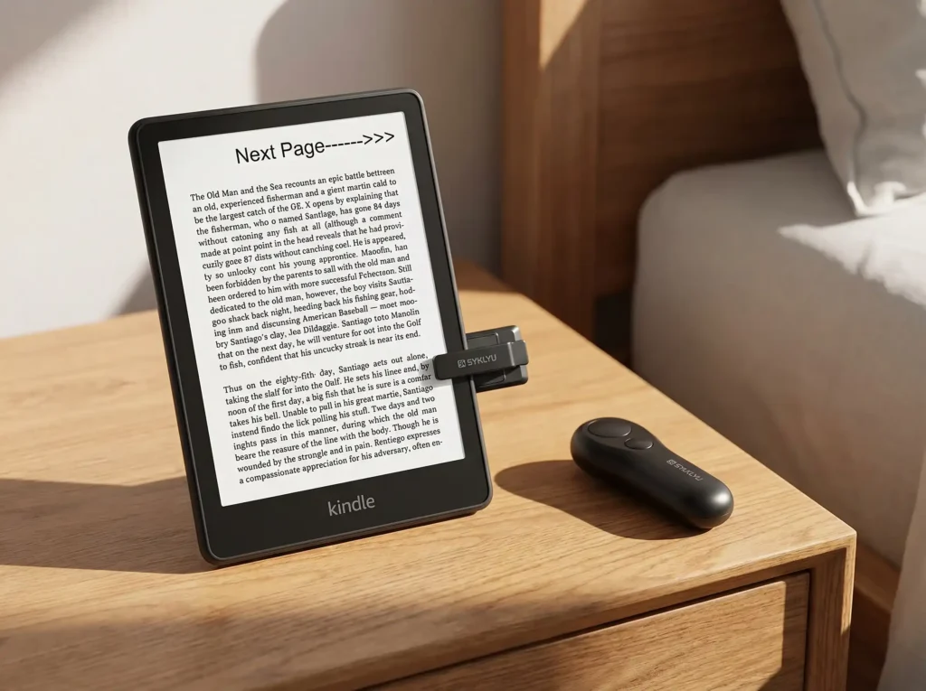 Close up of the SYUKUYU RF remote control page turner clip attached to a Kindle Paperwhite screen without covering the text.